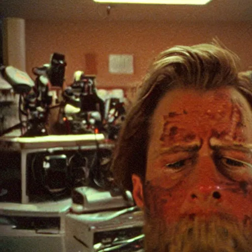 Image similar to filmic extreme realistic wide shot dutch angle movie still 35mm film color photograph of a man's head exploding, in the style of Scanners