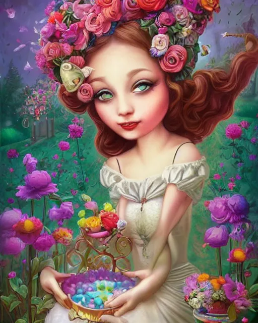Image similar to Whimsical fairytale, poplolita, flowers, candy land, carnival, Mark Ryden and Cyril Rolando, pastel color palette, detailed and realistic, intricate, ornate, Artstation, CGsociety