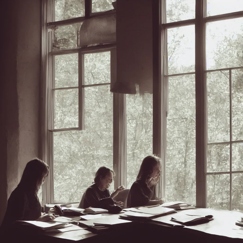 Prompt: a woman sitting a desk next to a window, reading a letter, warm, happy, sunlight