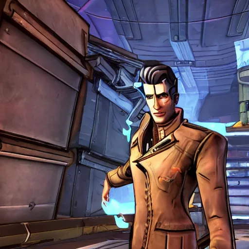 Prompt: Handsome Jack posing infront of the vault, photograph, Borderlands 2