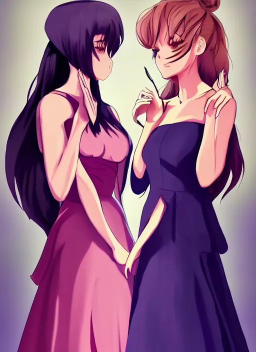 Image similar to two beautiful mothers standing face to face taunting each other, gorgeous dresses, gorgeous faces, smooth thick lines, cinematic lighting, detailed anime art