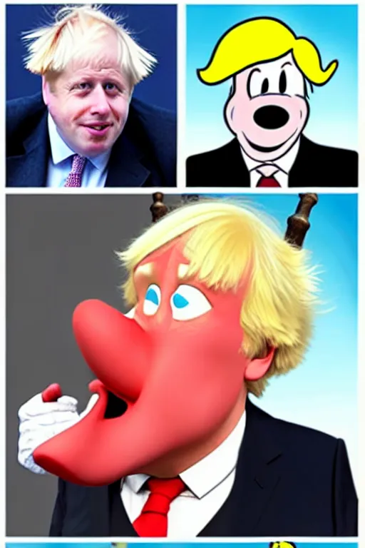 Image similar to boris johnson as the disney version of pinocchio, with a long nose, in the style of kim jung gi