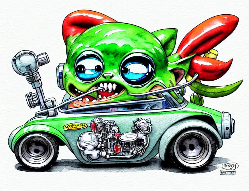 Image similar to cute and funny, gremlin wearing a helmet riding in a hot rod with oversize engine, ratfink style by ed roth, centered award winning watercolor pen illustration, isometric illustration by chihiro iwasaki, edited by range murata, tiny details by artgerm and watercolor girl, symmetrically isometrically centered