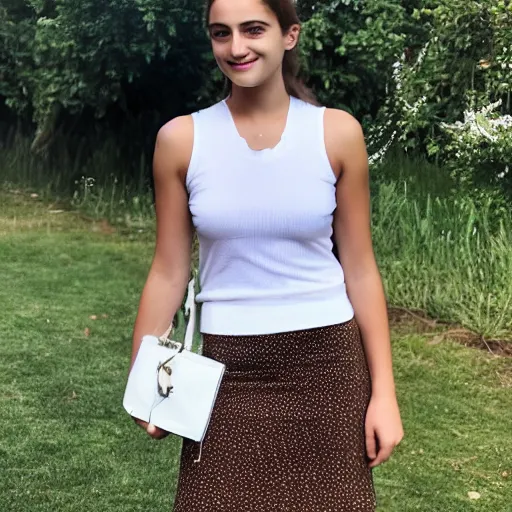 Image similar to 1 9 years old slim straight brown hair gabriella papadakis, neck wrinkles, wearing white skirt and white flowers top