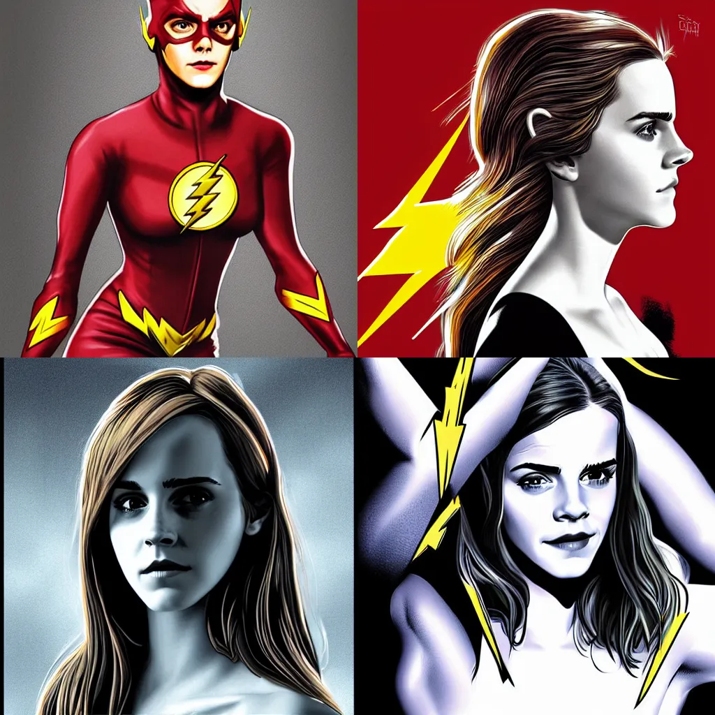 Prompt: Emma Watson as The Flash, digital painting, digital art by brian bolland