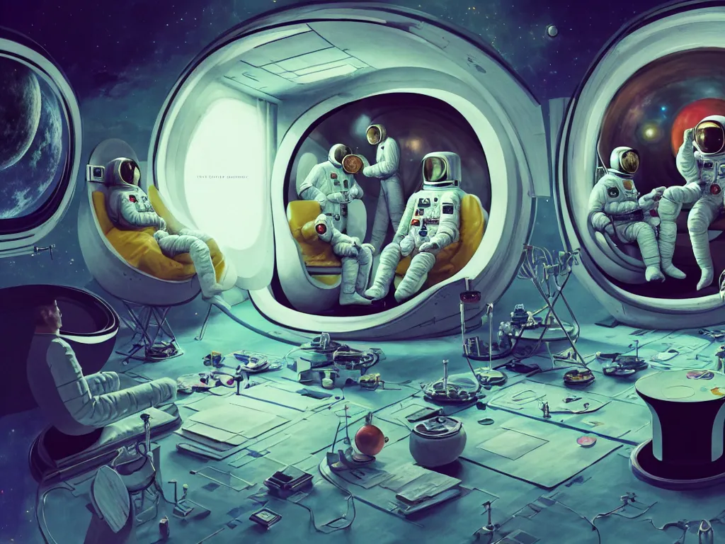 Image similar to a team of therapists calmly attend to an astronaut in a psychedelic therapy session, inside a midcentury modern architecture lunar module, on the surface of the moon, concept art, science fiction industrial hard science concept art, 8 k render octane high definition