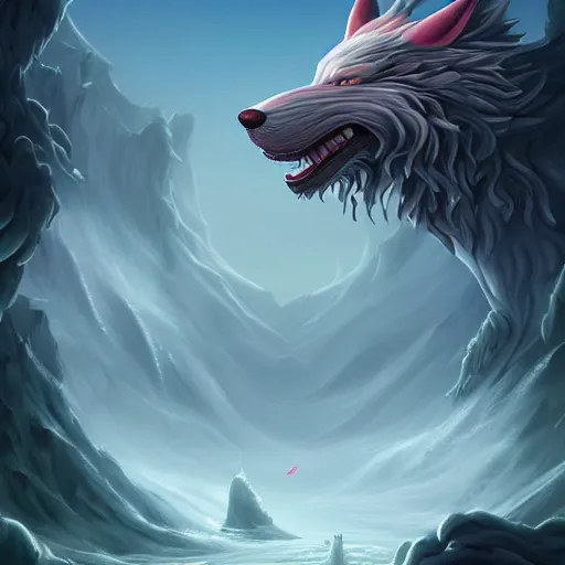 Prompt: a matte painting of a fenrir designed by heironymous bosch inspired by heironymous bosch, vast surreal by asher durand and cyril rolando and natalie shau and cyril rolando, insanely detailed, highly intricate, elegant, meaningful