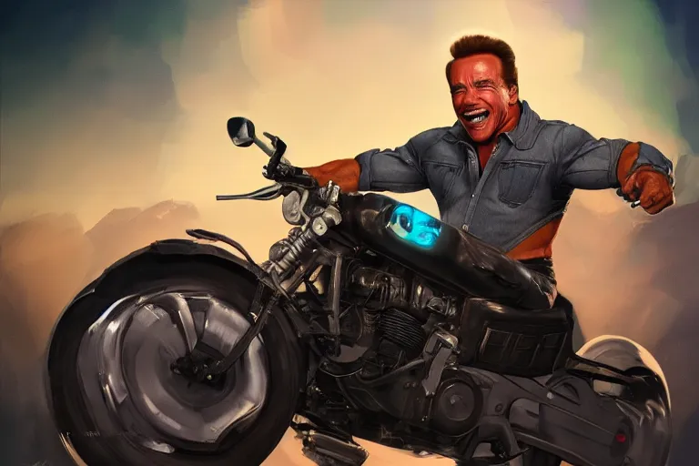 Prompt: Arnold Schwarzenegger grinning maniacally while riding a miniature motorbike, hyperrealistic, concept art, illustration, 8k, cinematic, digital painting, very detailed, volumetric lighting, artstation, unreal engine, vivid colors