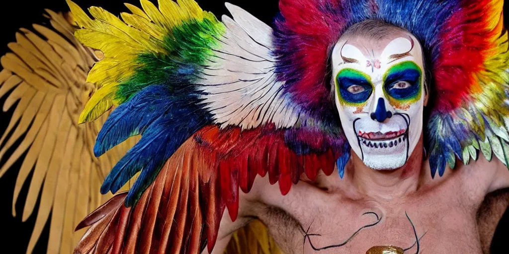 Image similar to ney matogrosso with multicolored paint on face, leather, lace, gold wings on head, skeleton body painting by gottfried helnwein