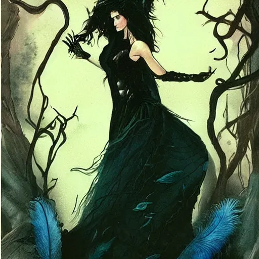 Prompt: jennifer connelly as odile, gothic dark fae disney villain with black feathers instead of hair, girlboss, dominant, zero g, feathers growing out of skin, pulp sci fi, mike mignola, david mack, romantic, comic book cover, vivid, beautiful, illustration, highly detailed, oil painting