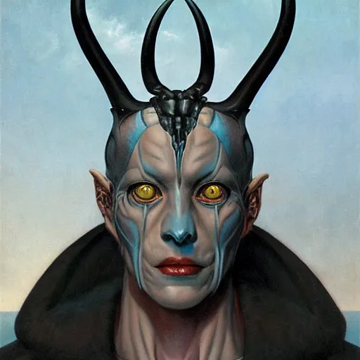 Prompt: portrait of a humanoid with horns, cyan skin and completely black eyes, by gerald brom