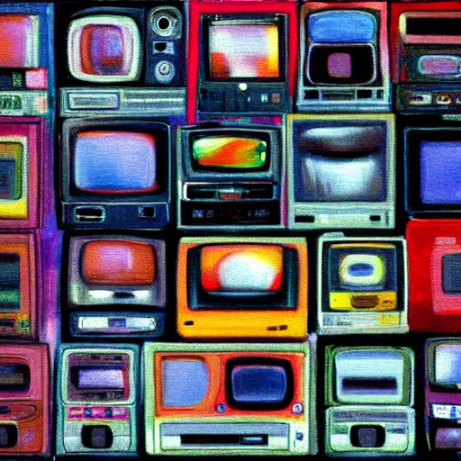 Prompt: fuzzy, array of crt televisions, tv static, antenna, stacked, polaroid, steroids, adult video store, impressionist painting, painting, acrylic painting, cell shaded