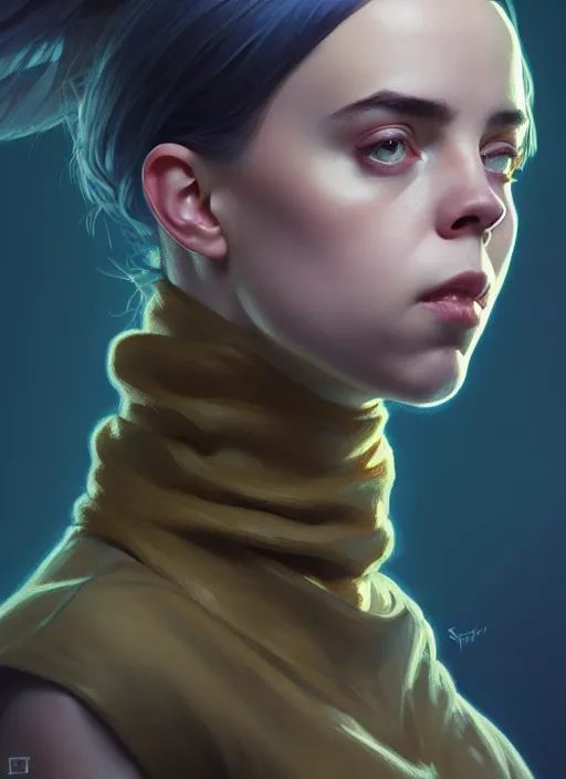 Image similar to portrait of a full body of beautiful young female detective, d & d, sleeveless turtleneck, fantasy, flat lighting, intricate, highly detailed, digital painting, artstation, concept art, smooth, sharp focus, illustration, billie eilish, art by simon bisley and greg rutkowski and alphonse mucha, natural tpose