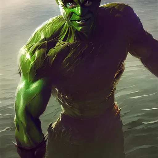 Image similar to the green goblin closeup portrait, dramatic light, lake background, 2 0 0 mm focal length, painted by stanley lau, painted by greg rutkowski, painted by stanley artgerm, digital art, trending on artstation