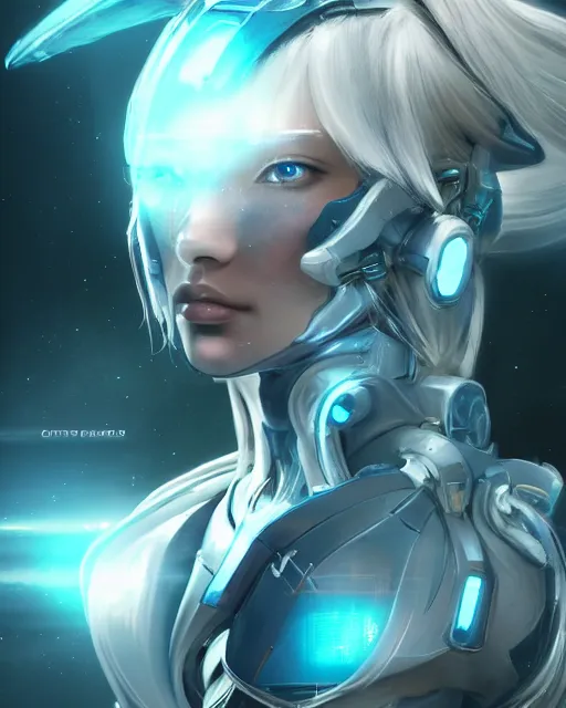 Image similar to perfect android girl on a mothership, warframe armor, beautiful face, scifi, futuristic, galaxy, nebula, raytracing, dreamy, long white hair, blue cyborg eyes, sharp focus, cinematic lighting, highly detailed, artstation, divine, by gauthier leblanc, kazuya takahashi, huifeng huang