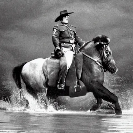 Image similar to a mountie riding on a hippo