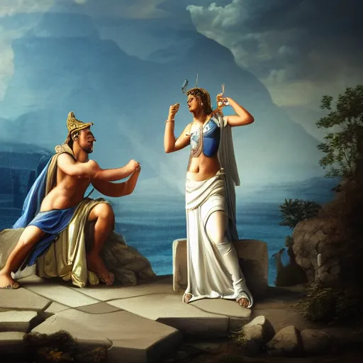 Image similar to photo of the goddess athena talking with odysseus, laughing and nodding, photorealistic, prizewinning photo, ultradetailed, cloudy day lighting