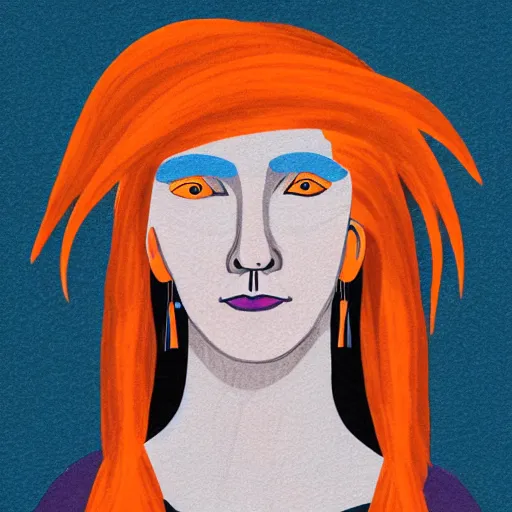 Image similar to illustrated portrait of ugly ram-horned woman with orange skin and blue hair