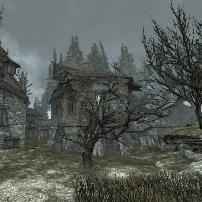 Image similar to a building in a serene landscape, skyrim