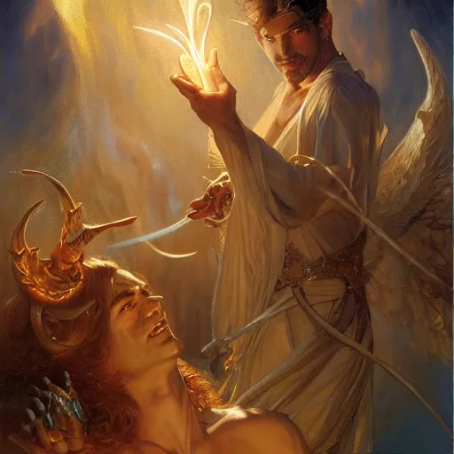 Image similar to attractive male deity casts light spell, summons attractive male lucifer morningstar. highly detailed painting by gaston bussiere, craig mullins, j. c. leyendecker 8 k