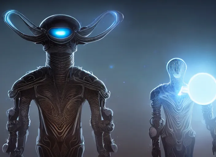 Image similar to medium shot, an alien with beautiful glowing eyes, detailed symmetrical face and skin, wearing a long flowing cloth shirt over stylish large futuristic armor poses beside an outpost with tall detailed structures with lights in the night sky, incredible detail, anamorphic 2 0 mm lens cinematic flare, photorealistic!!!