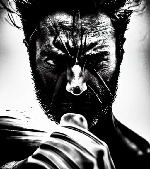 Prompt: wolverine in pain and anger deep dark backlit night technoir cinematic monochromatic portrait photo by Leica Zeiss in detailed depth of field lens flare trending on Flickr realistic hd by frank Miller