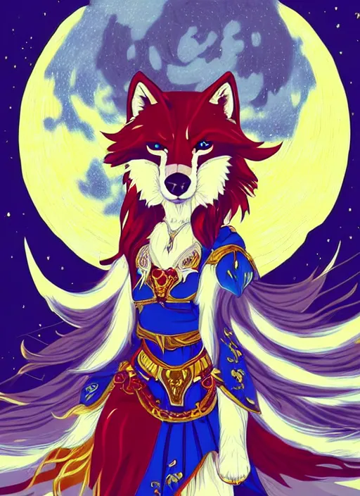 Prompt: commissioned full body portrait of a female anthro wolf princess fursona with a wolf head white fur and long red hair hair wearing a blue and gold Japanese armored dress in a white and gold palace on a starry night with a large crescent moon, by a professional manga illustrator, by Kilian Eng, by Sandra Chevrier, trending on artstation
