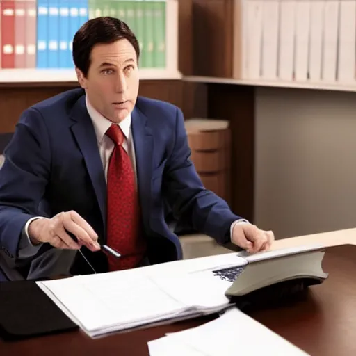 Image similar to Glenn Quagmire dressed in a suit and tie in a lawyer's office holding a briefcase.