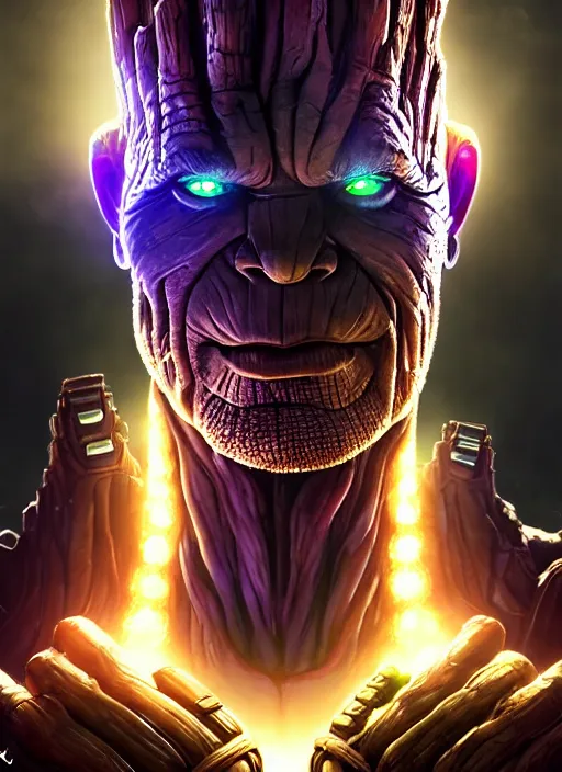 Image similar to portrait of apex legends groot, thanos, harley quinn, hulk, crew shot, intricate, elegant, glowing lights, highly detailed, digital painting, artstation, glamor pose, concept art, smooth, sharp focus, illustration, art by artgerm and greg rutkowski, artey freytag