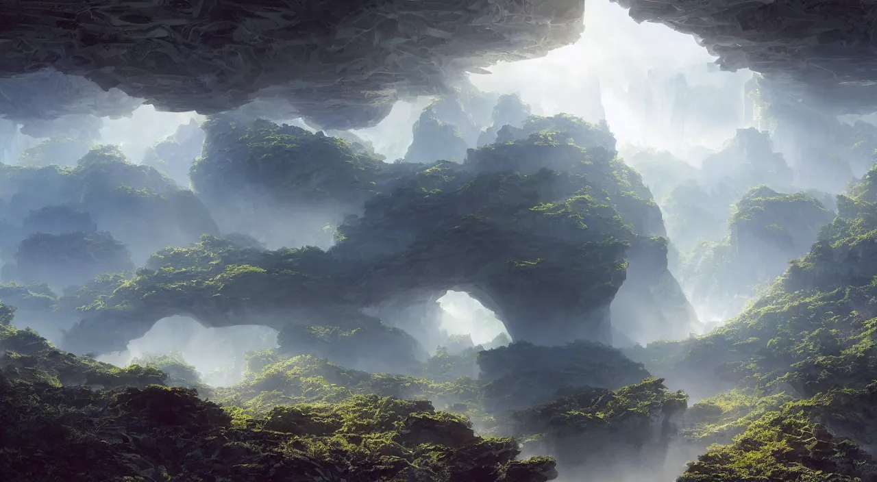 Image similar to parametric cellular tectonic organic biological crystallographic bridging megastructure architecture in a wide canyon landscape, by glenn small, by albert bierstadt, by sparth, hyper realistic, zaha hadid, god rays, volumetric lighting, detailed, extremely intricate, raytrace, octane, light fog, keyshot