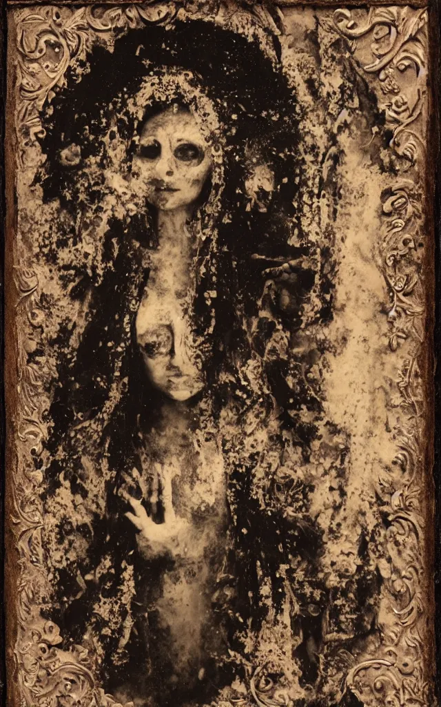 Image similar to tintype full body view, virgin mary in dia de muertos dress and make up, horrific beautiful vibe, evocative, atmospheric lighting, painted, intricate, highly detailed,