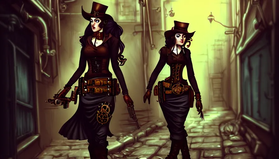 Prompt: a steampunk female gunslinger walking down a dark alleyway by coven morgana, trending on artstation, digital art, dark fantasy, steampunk