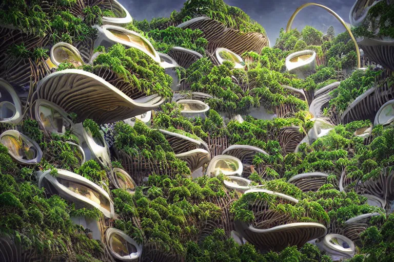 Image similar to futuristic foliage overgrowing favela honeybee hive, art nouveau environment, award winning art, epic dreamlike fantasy landscape, ultra realistic,