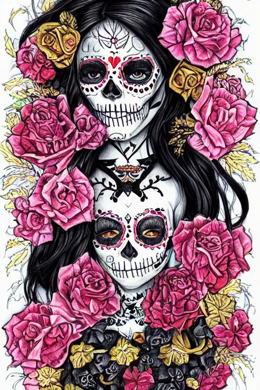 Prompt: Illustration of a sugar skull day of the dead girl, art by ayami kojima