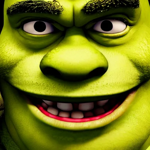 Prompt: a HORRIFYING portrait of shrek. (unsettling and terrifying). bokeh, ultra hd, highly detailed.