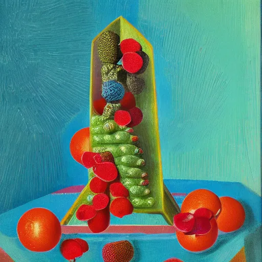 Image similar to by liu ye iron, turquoise swirling. a still life of fruit on a table. the fruit is arranged in a pyramid shape, with the largest pieces of fruit at the bottom & the smallest pieces of fruit at the top. the colors are bright & the experimental art has a lot of texture.