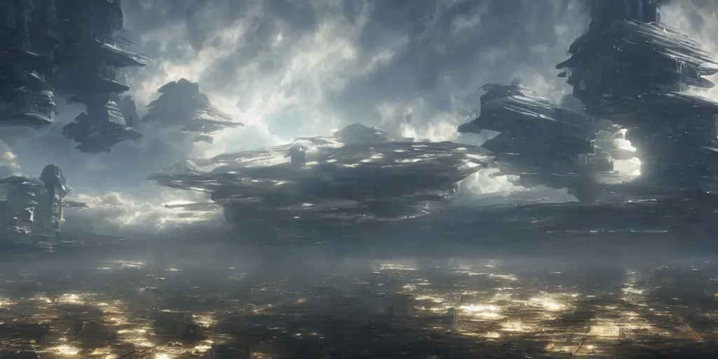 Image similar to cloud city, floating city in the sky, sci - fi sky city, octane render by greg rutkowski, ferdinand knab, makoto shinkai. digital render, 4 k