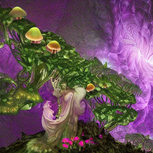 Image similar to glowing delicate flower and mushrooms that grow in a dark fatansy forest on the planet Pandora, an idealistic marble statue with fractal flowery hair in a fractal garden,