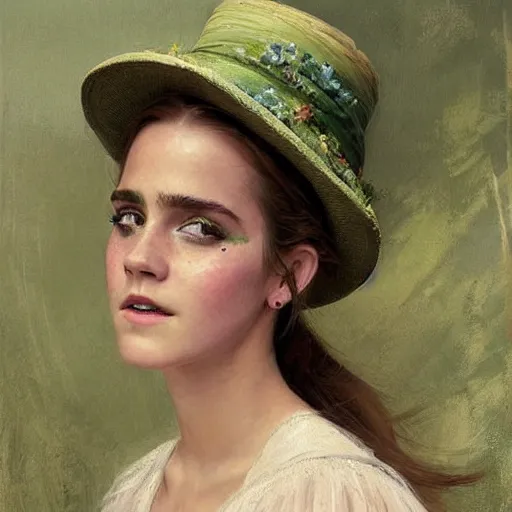 Prompt: thick paint brush strokes full body fashion model emma watson by Jeremy Lipking by Hasui Kawase by Richard Schmid (((smokey eyes makeup eye shadow fantasy, glow, shimmer as victorian woman in a long white frilly lace dress and a large white hat having tea in a sunroom filled with flowers, roses and lush fern flowers ,intricate, night, highly detailed, dramatic lighting))) , high quality