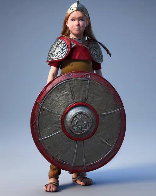 Image similar to a toy of a viking girl with her shield raised to defend, pixar style, authentic viking armor, historically accurate, clean detail, symmetrical, octane render, studio lighting