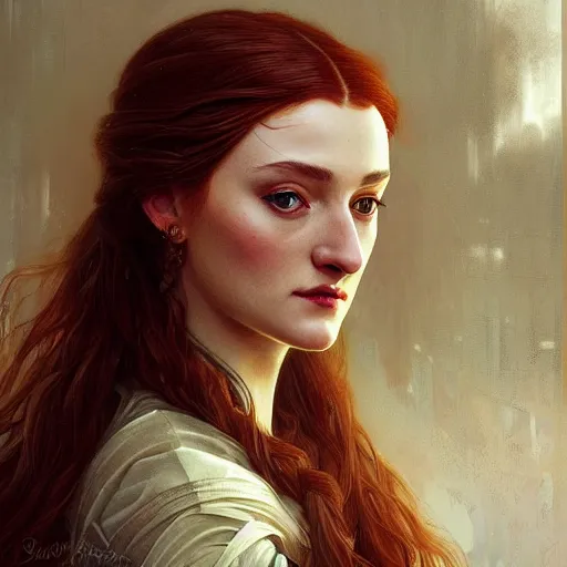 Image similar to portrait of sansa stark with long hair, intricate, elegant, highly detailed, digital painting, artstation, concept art, smooth, sharp focus, illustration, art by artgerm and greg rutkowski and alphonse mucha and william - adolphe bouguereau