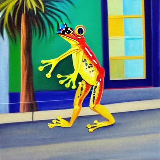 Image similar to painting of a bipedal frog walking away from the camera, down a busy street in los angeles, street vendors, palm trees,