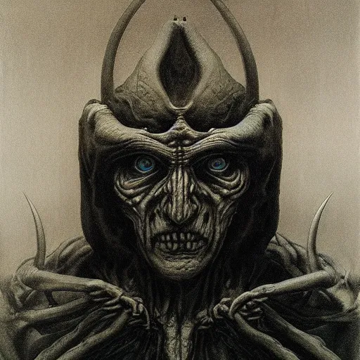 Image similar to inquisitor of Mephistopheles portrait by gerald brom and Zdzisław Beksiński, darkwave