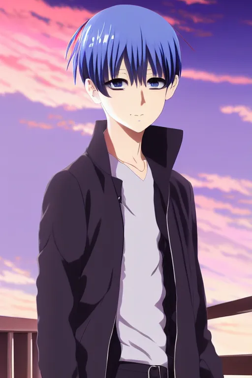 Image similar to anime art full body portrait character concept art, anime key visual of young male warror, platinum blonde straight bangs and large eyes, finely detailed perfect face delicate features directed gaze, standing on a bridge during sunset, trending on pixiv fanbox, studio ghibli, extremely high quality artwork