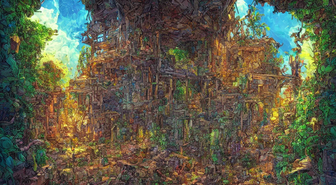 Image similar to open door wood wall fortress child house amazon jungle on portal unknow world ambiant fornite colorful deepdream that looks like it is from borderlands and by feng zhu and loish and laurie greasley, victo ngai, andreas rocha, john harris