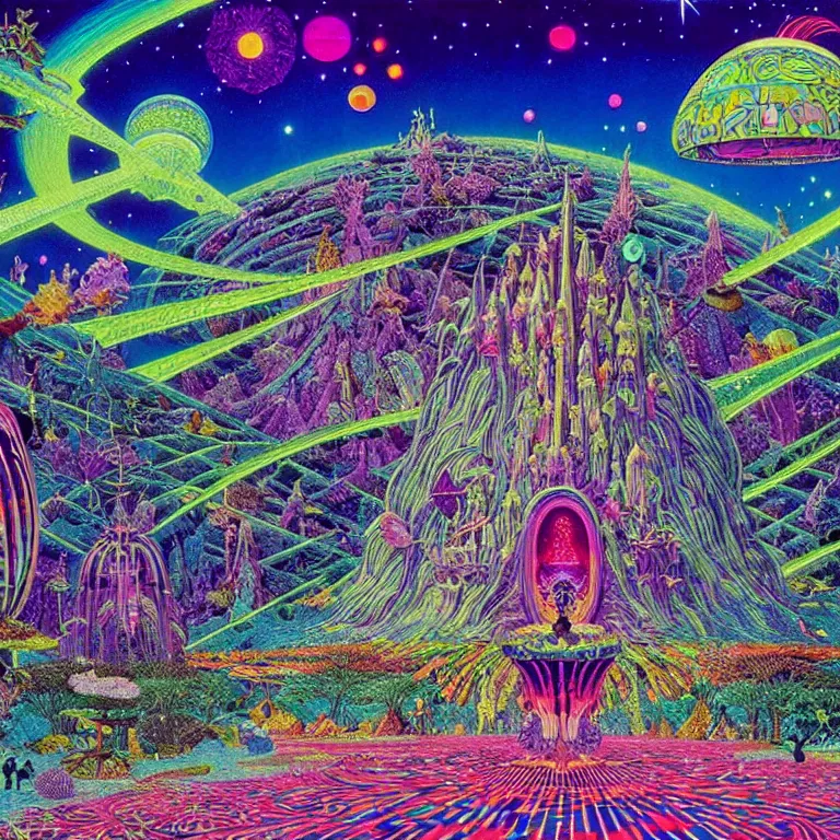 Image similar to mysterious ufo hovering over magical crystal temple, bright neon colors, highly detailed, cinematic, hiroo isono, tim white philippe druillet, roger dean, lisa frank, aubrey beardsley, ernst haeckel