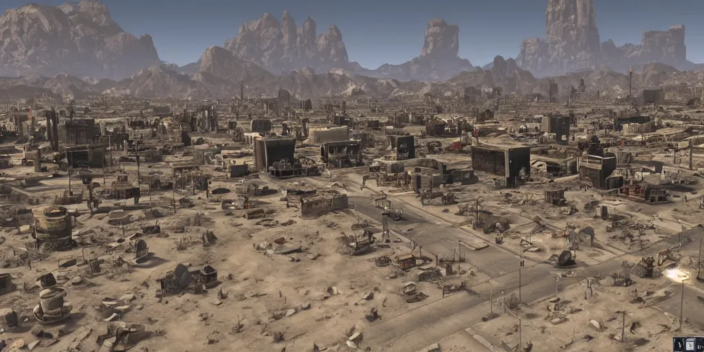 Prompt: a view from wide angle on new vegas city from fallout : new vegas game,