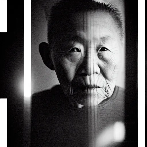 Image similar to a portrait of centenarian justin sun with qrcode tattoo on face in prison looking through the laser of his cell, by annie leibovitz, shallow depth of field, cinematic lighting, colorful dystopian futurism