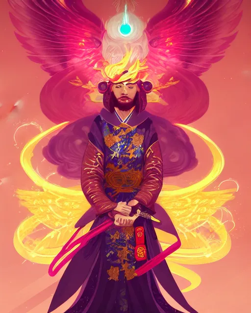 Image similar to a character portrait of only one male angel samurai with golden fiery wings, surrounded with spiriling sparkling rose crystals and galaxies, by peter mohrbacher, hyper light drifter, ukiyo - e trending on artstation