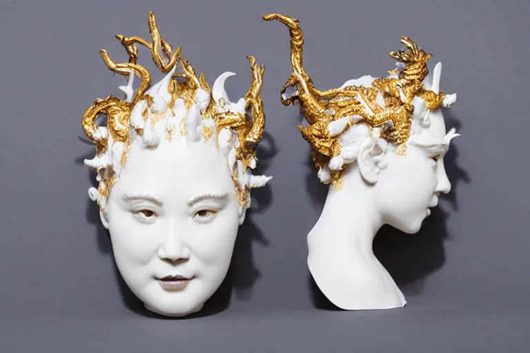 Image similar to full head and shoulders, beautiful female white, porcelain sculpture, with lots of ornate gold leaf 3 d chinese dragons attached to head by daniel arsham and james jean, on a white background, delicate facial features, white eyes, white lashes,